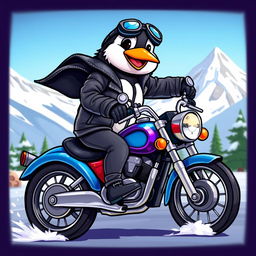 A delightful scene featuring a cartoon penguin expertly riding a motorcycle