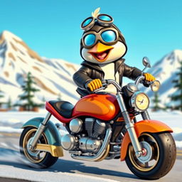 A delightful scene featuring a cartoon penguin expertly riding a motorcycle