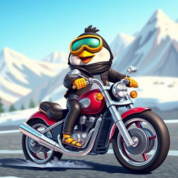 A delightful scene featuring a cartoon penguin expertly riding a motorcycle