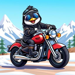 A delightful scene featuring a cartoon penguin expertly riding a motorcycle