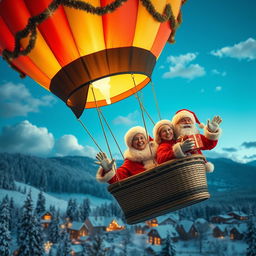 A whimsical scene featuring a couple dressed as Santa Claus, joyfully navigating a colorful hot air balloon through a festive winter sky