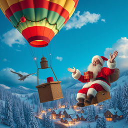 A whimsical scene featuring a couple dressed as Santa Claus, joyfully navigating a colorful hot air balloon through a festive winter sky