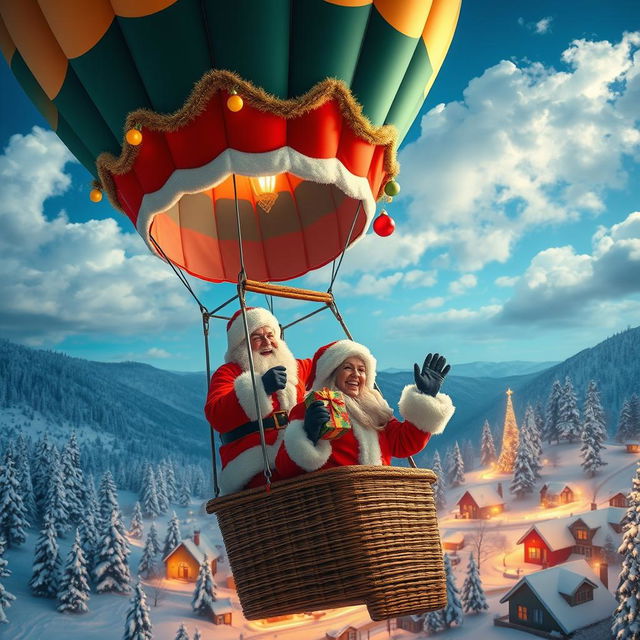 A whimsical scene featuring a couple dressed as Santa Claus, joyfully navigating a colorful hot air balloon through a festive winter sky