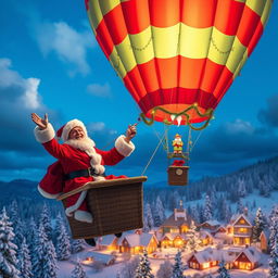 A whimsical scene featuring a couple dressed as Santa Claus, joyfully navigating a colorful hot air balloon through a festive winter sky