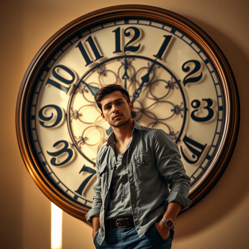 A man standing in front of a large wall clock, displaying intricate details and classic design