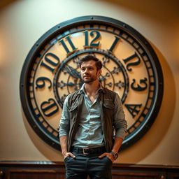 A man standing in front of a large wall clock, displaying intricate details and classic design