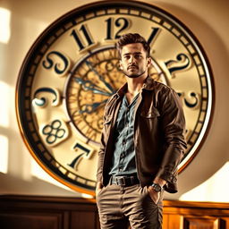 A man standing in front of a large wall clock, displaying intricate details and classic design