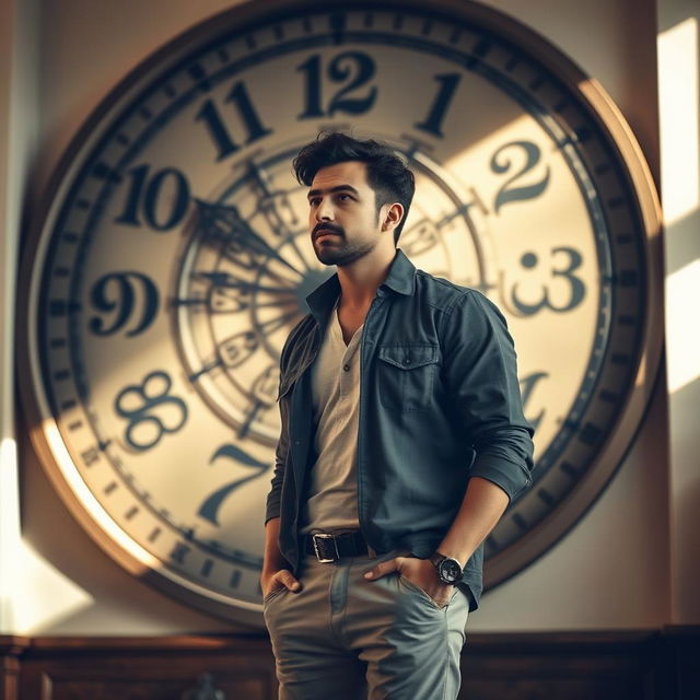 A man standing in front of a large wall clock, displaying intricate details and classic design