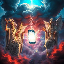 A mystical scene depicting the power of ancient gods manifesting through a modern mobile phone