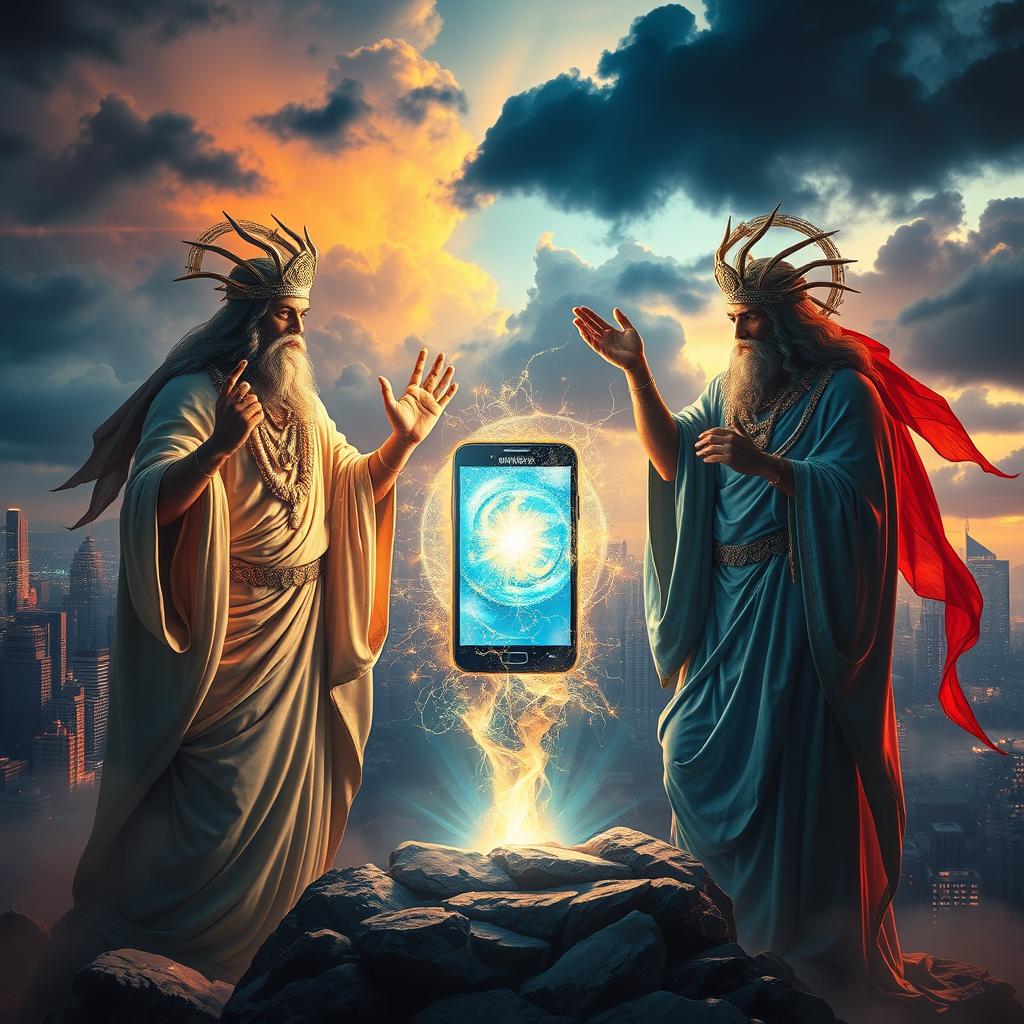 A mystical scene depicting the power of ancient gods manifesting through a modern mobile phone