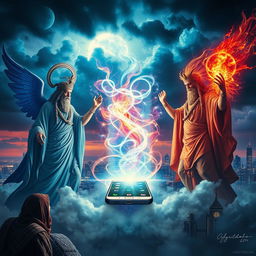A mystical scene depicting the power of ancient gods manifesting through a modern mobile phone