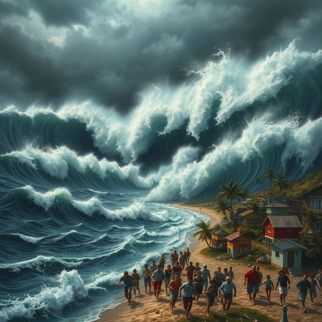 A dramatic ocean scene depicting a chaotic tsunami approaching a small coastal town