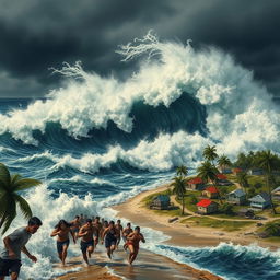 A dramatic ocean scene depicting a chaotic tsunami approaching a small coastal town