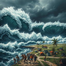 A dramatic ocean scene depicting a chaotic tsunami approaching a small coastal town