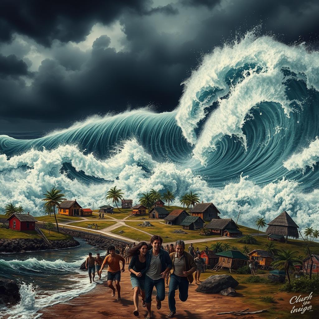 A dramatic ocean scene depicting a chaotic tsunami approaching a small coastal town