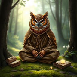 A wise and mystical owl dressed as a monk, sitting cross-legged in a tranquil forest clearing