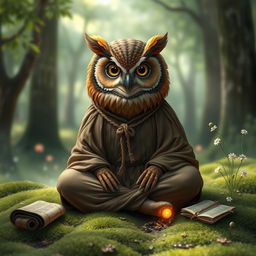 A wise and mystical owl dressed as a monk, sitting cross-legged in a tranquil forest clearing
