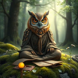 A wise and mystical owl dressed as a monk, sitting cross-legged in a tranquil forest clearing