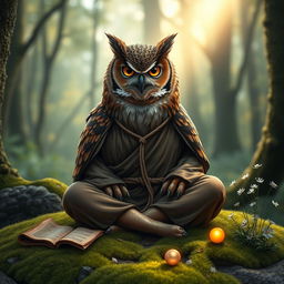 A wise and mystical owl dressed as a monk, sitting cross-legged in a tranquil forest clearing