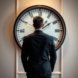 A man wearing a sleek black suit, standing with his back to the viewer in front of a large wall clock