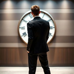 A man wearing a sleek black suit, standing with his back to the viewer in front of a large wall clock