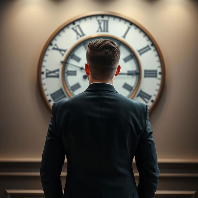 A man wearing a sleek black suit, standing with his back to the viewer in front of a large wall clock