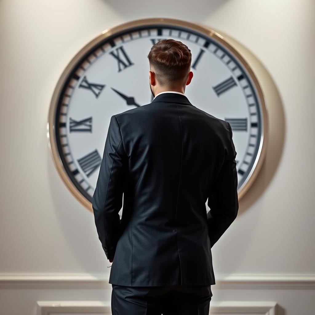 A man wearing a sleek black suit, standing with his back to the viewer in front of a large wall clock