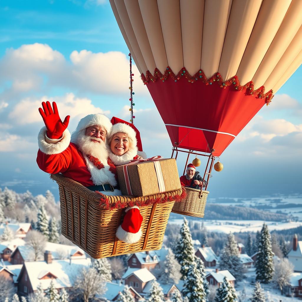 A cheerful couple dressed as Santa Claus, happily floating in a beautifully decorated hot air balloon against a stunning winter backdrop