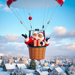 A cheerful couple dressed as Santa Claus, happily floating in a beautifully decorated hot air balloon against a stunning winter backdrop