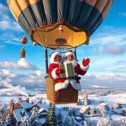 A cheerful couple dressed as Santa Claus, happily floating in a beautifully decorated hot air balloon against a stunning winter backdrop