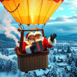A cheerful couple dressed as Santa Claus, happily floating in a beautifully decorated hot air balloon against a stunning winter backdrop
