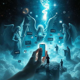 A surreal dreamscape depicting the magical power of the gods observing a glowing mobile phone, surrounded by a whirlwind of dangerous digital elements such as dark shadows representing cyberbullying, toxic social media interactions, and isolated figures entrapped by virtual chains