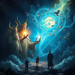 A surreal dreamscape depicting the magical power of the gods observing a glowing mobile phone, surrounded by a whirlwind of dangerous digital elements such as dark shadows representing cyberbullying, toxic social media interactions, and isolated figures entrapped by virtual chains