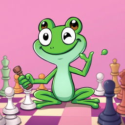 A cartoon-style illustration of Pepe the Frog, an iconic green frog character, joyfully holding a chess piece in his hand