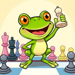 A cartoon-style illustration of Pepe the Frog, an iconic green frog character, joyfully holding a chess piece in his hand