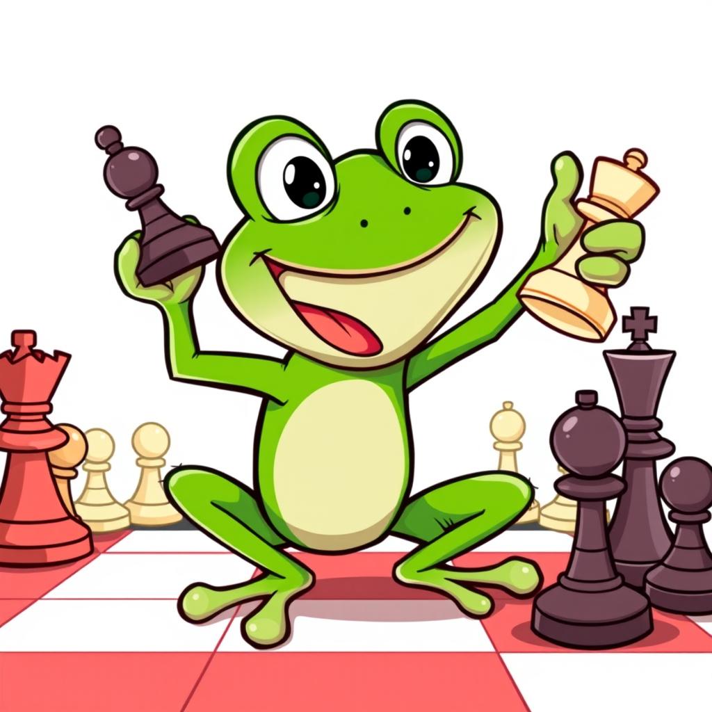 A cartoon-style illustration of Pepe the Frog, an iconic green frog character, joyfully holding a chess piece in his hand