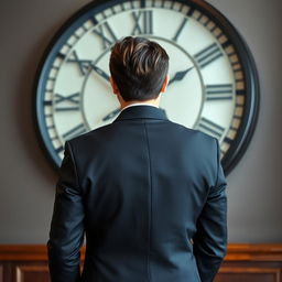A stylish individual standing with their back to us, wearing a sharp black suit, against a backdrop of a large, elegant clock mounted on a wall