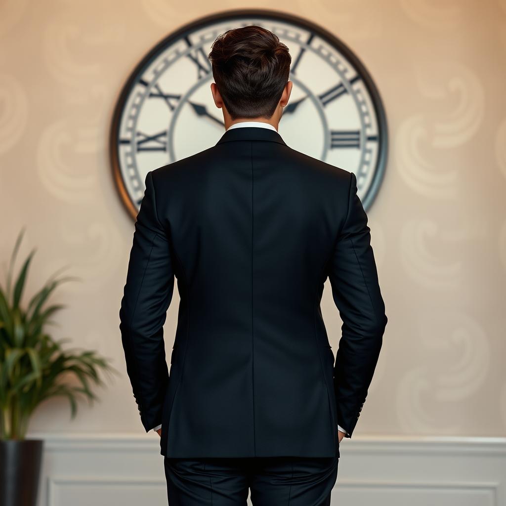 A stylish individual standing with their back to us, wearing a sharp black suit, against a backdrop of a large, elegant clock mounted on a wall