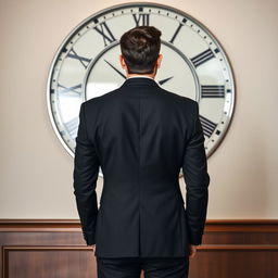 A stylish individual standing with their back to us, wearing a sharp black suit, against a backdrop of a large, elegant clock mounted on a wall
