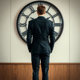 A stylish individual standing with their back to us, wearing a sharp black suit, against a backdrop of a large, elegant clock mounted on a wall