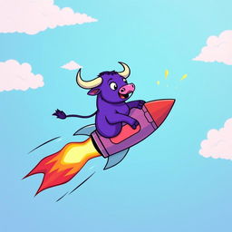 A purple bull energetically riding on a rocket, showcasing an exciting and whimsical scene