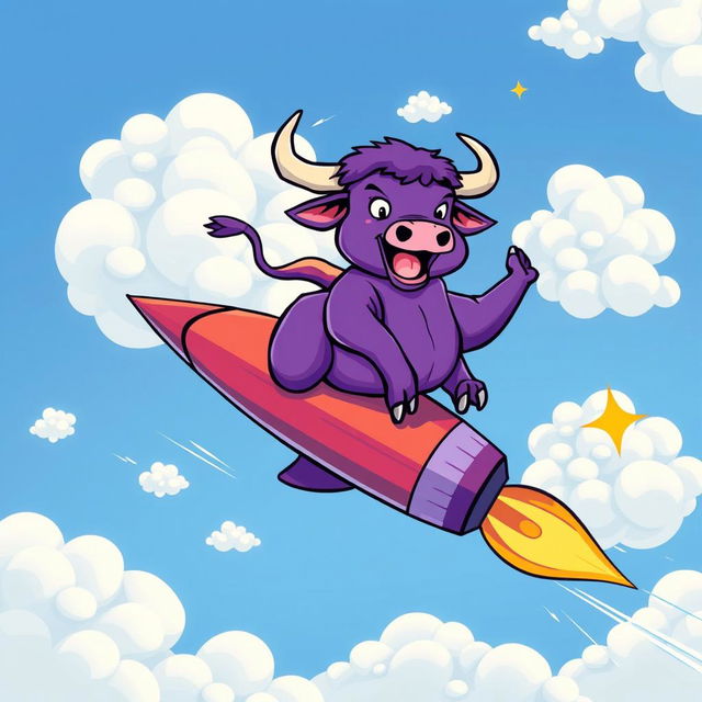 A purple bull energetically riding on a rocket, showcasing an exciting and whimsical scene