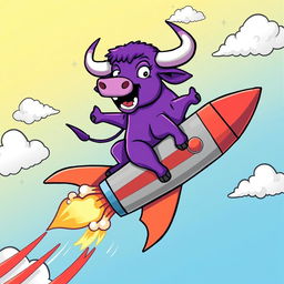 A purple bull energetically riding on a rocket, showcasing an exciting and whimsical scene
