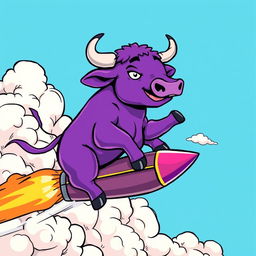 A purple bull energetically riding on a rocket, showcasing an exciting and whimsical scene