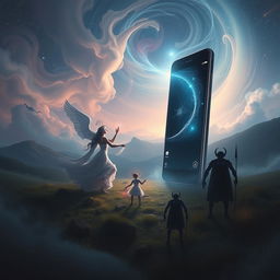 A surreal and dreamlike representation of the duality of the magical power of the gods contrasted with the disadvantages of mobile phones and the internet