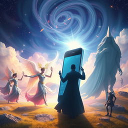 A surreal and dreamlike representation of the duality of the magical power of the gods contrasted with the disadvantages of mobile phones and the internet