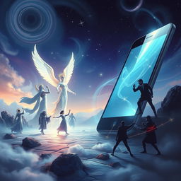A surreal and dreamlike representation of the duality of the magical power of the gods contrasted with the disadvantages of mobile phones and the internet