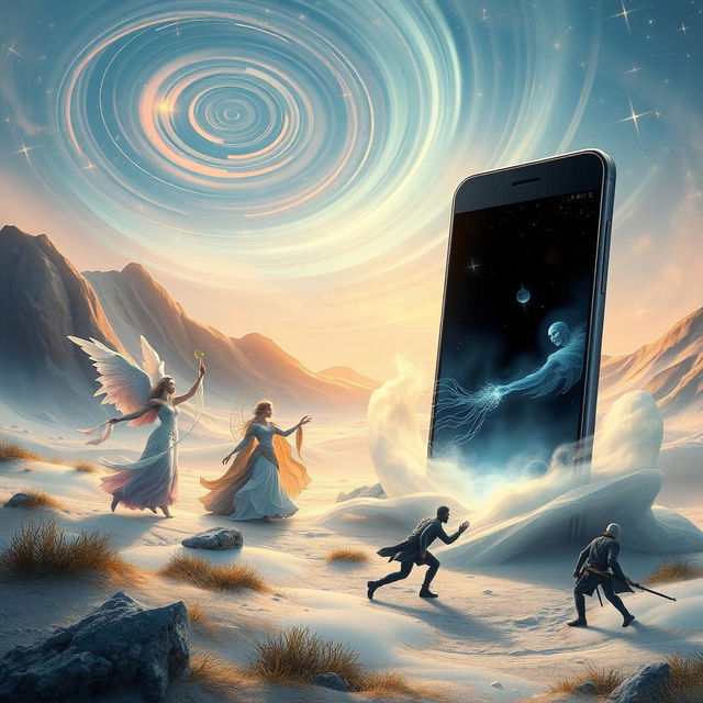 A surreal and dreamlike representation of the duality of the magical power of the gods contrasted with the disadvantages of mobile phones and the internet