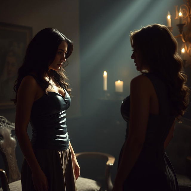 An intense scene depicting a woman preparing to receive a spanking from another woman, set in a dimly lit room with vintage decor