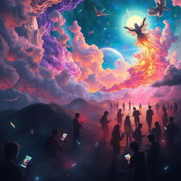 A surreal, dreamlike landscape representing the magical power of the gods, intertwined with the modern chaos of mobile phone technology